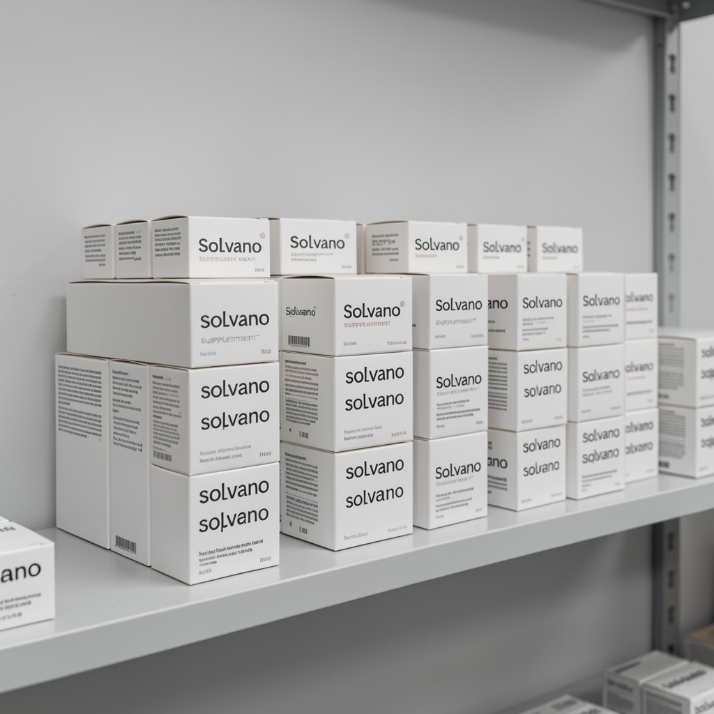 Neatly stacked Halberg supplement boxes in matte white packaging on a shelf against a pale grey wall in the dispatch area