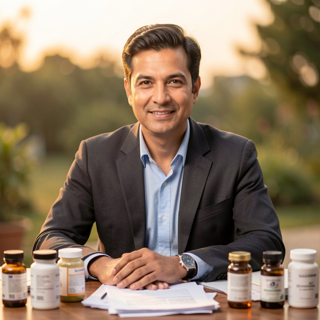 Portrait of the Halberg formulation lead seated at a desk surrounded by ingredient documentation files and sample containers in warm studio lighting