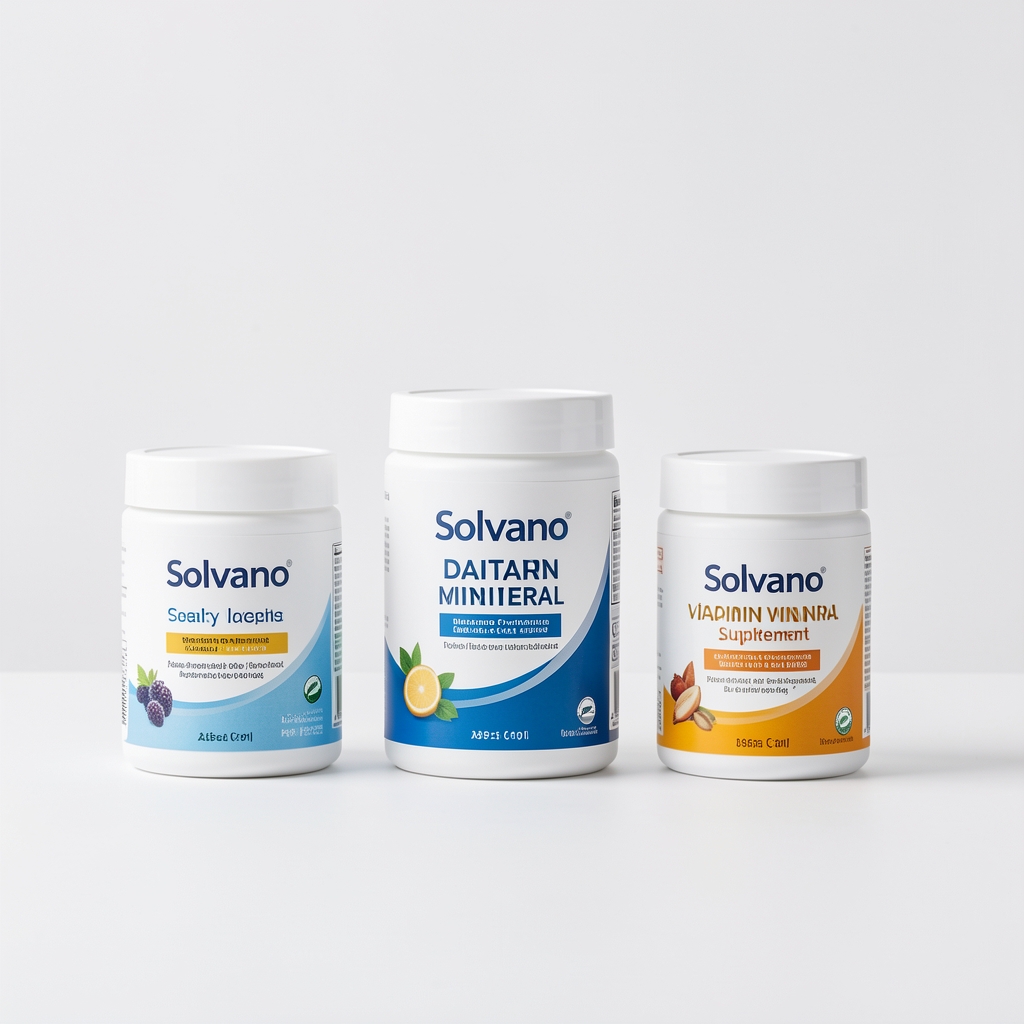 Halberg daily vitamin and mineral supplement containers arranged on a clean white surface in a minimalist studio