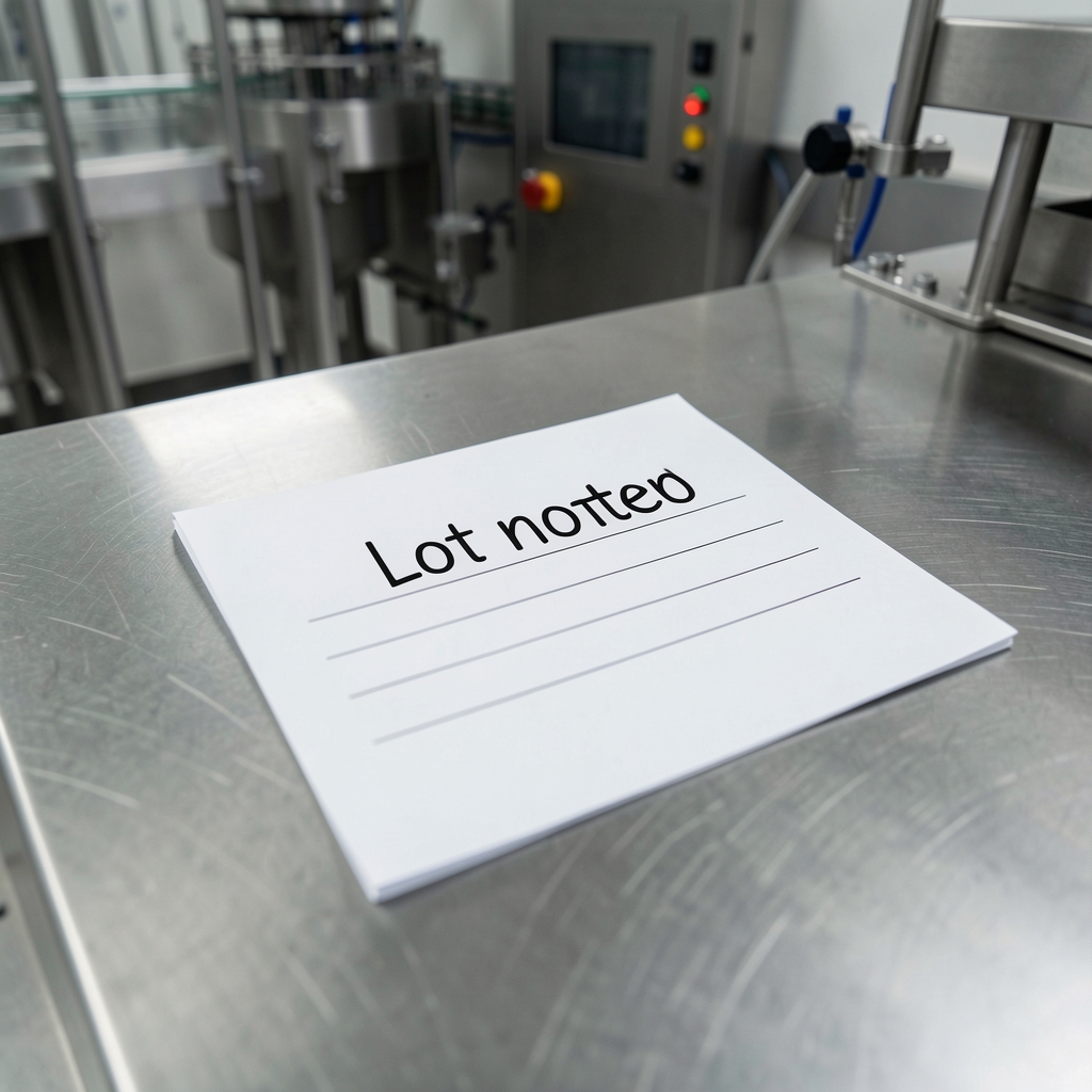 Close-up of batch documentation papers with a lot number printed in black ink on a white form, placed on a stainless steel surface in the Halberg production area