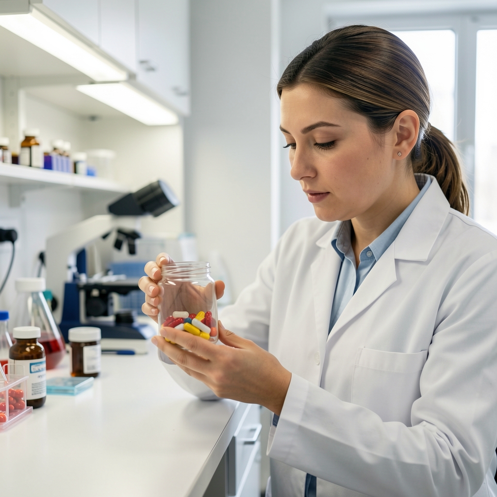 Independent laboratory analyst reviewing supplement capsule sample in a glass container under bright workspace lighting during third-party verification