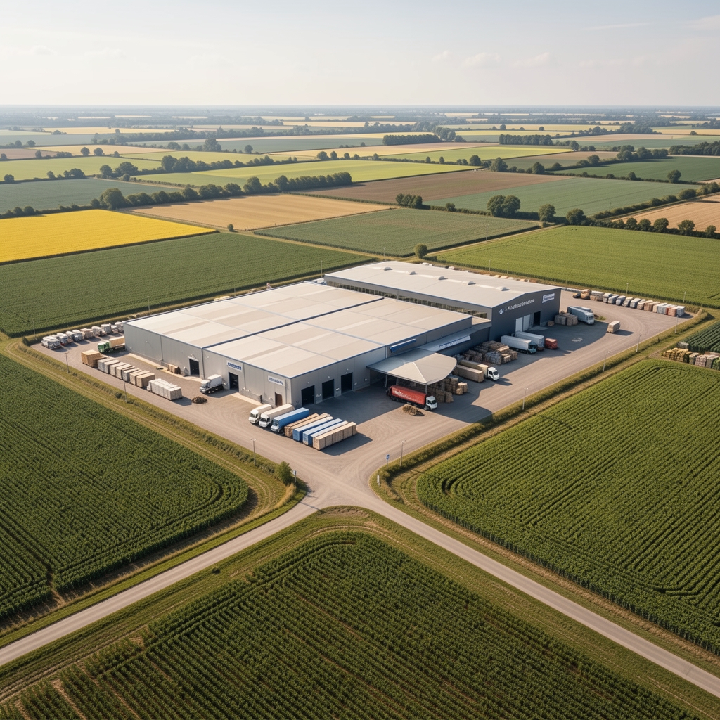 Wide aerial photograph of a documented ingredient supplier facility in Southeast Asia surrounded by cultivated land, showing organised storage buildings and loading area