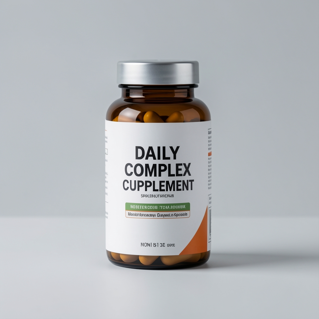 Halberg Foundation Complex supplement bottle standing on a pale grey surface under neutral studio lighting with clean white background