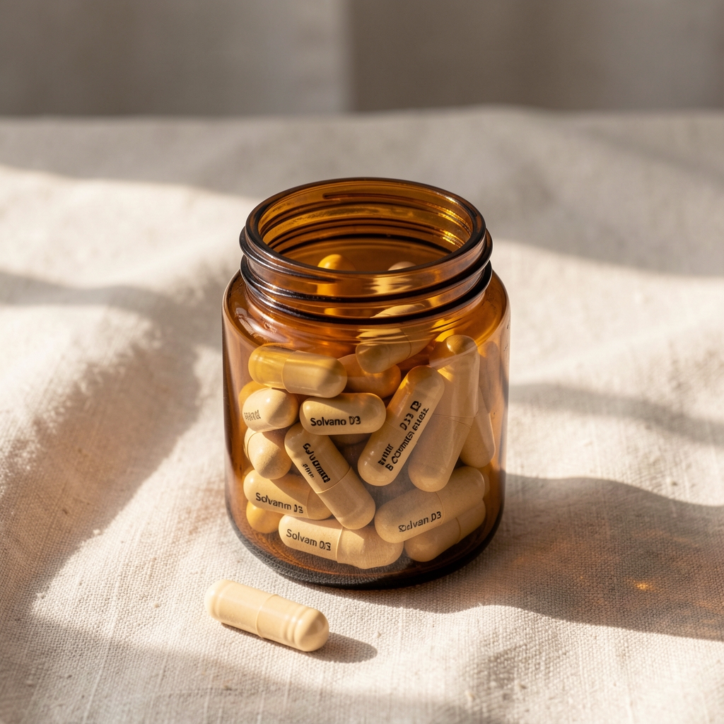 Halberg D3 B-Complex vitamin capsules in an open amber glass jar on a linen surface with soft morning light