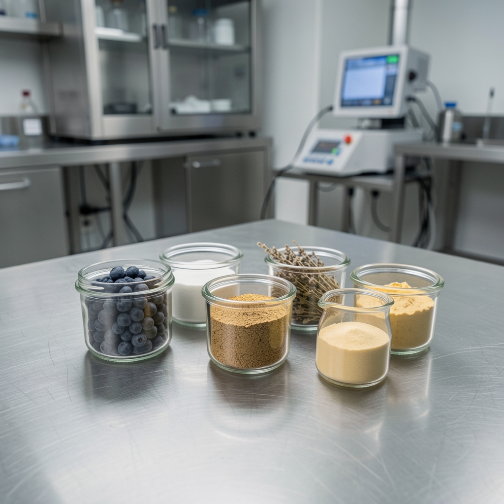 Ingredient samples in small glass containers arranged on a stainless steel surface under controlled lighting in the Halberg quality-control environment