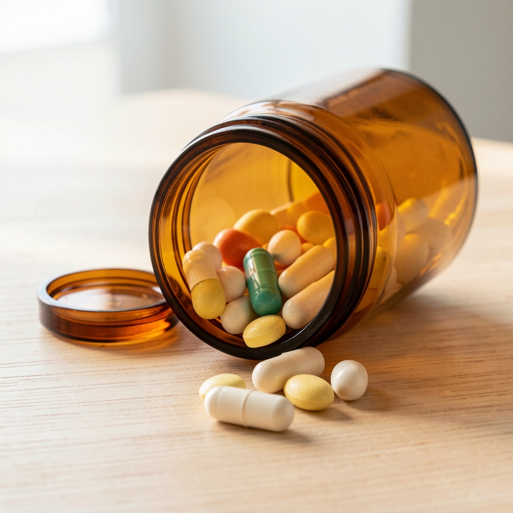 Close-up of vitamin capsules being counted into amber glass packaging on a clean wooden surface with natural daylight