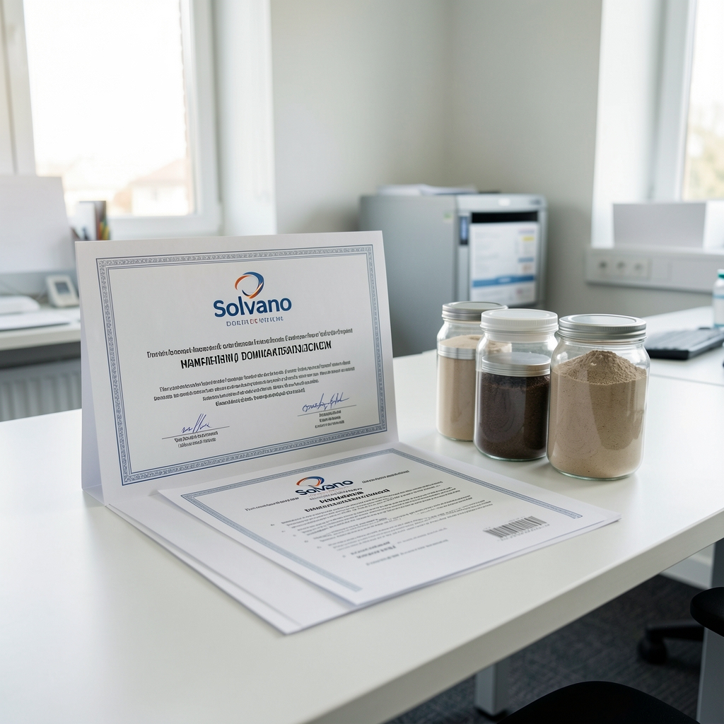 Printed certificate of composition documents arranged beside mineral ingredient containers on a white desk in the Halberg documentation area