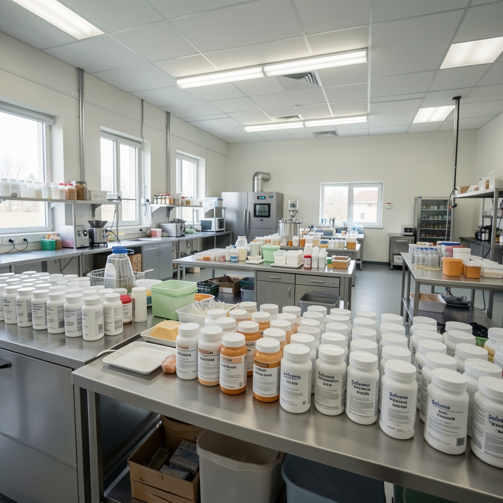 Wide shot of the Halberg production room showing ingredient preparation tables and batch-coded supplement containers in an orderly workspace